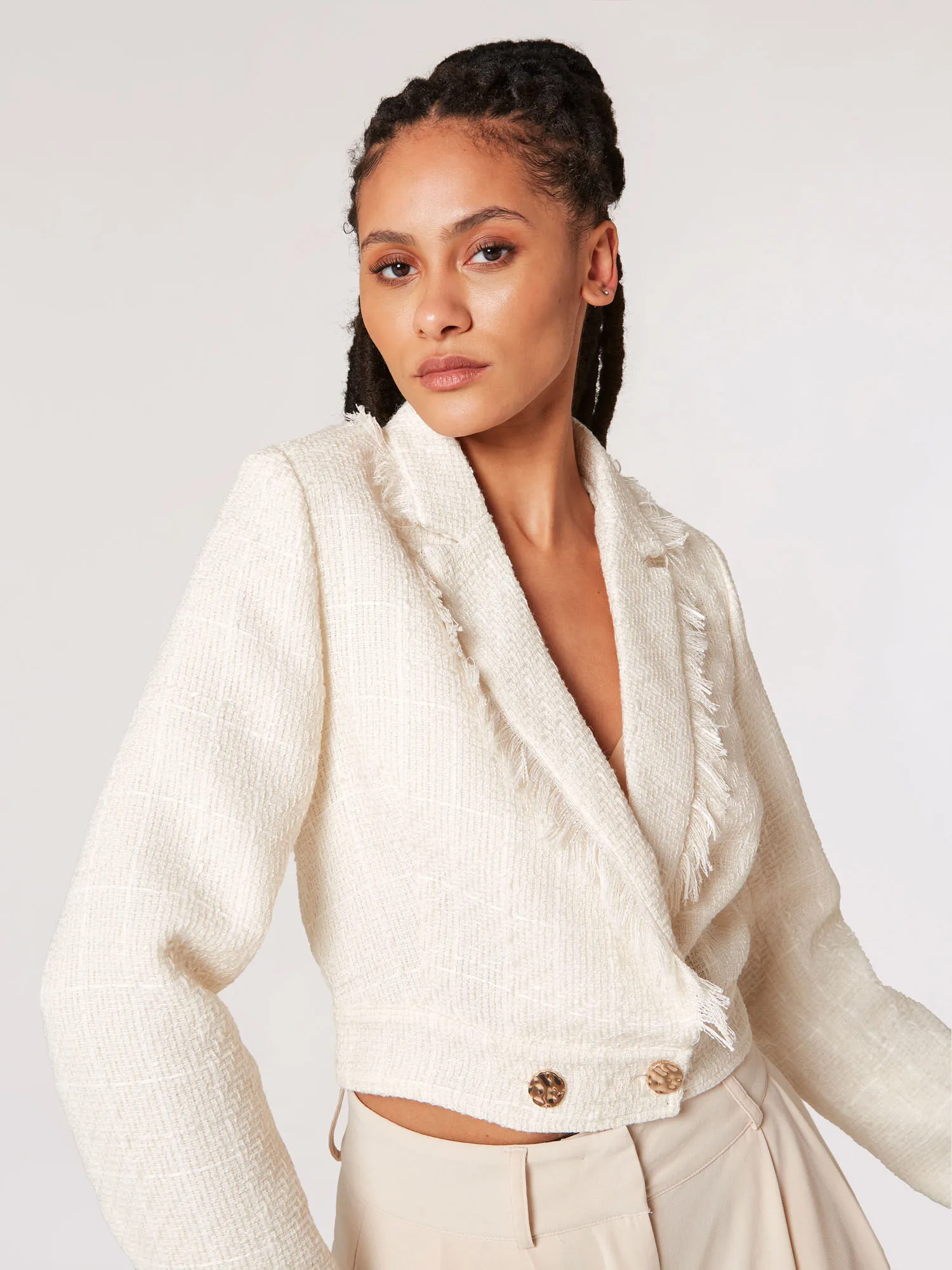 Blazer Court En Tweed À Franges Vêtements Apricot