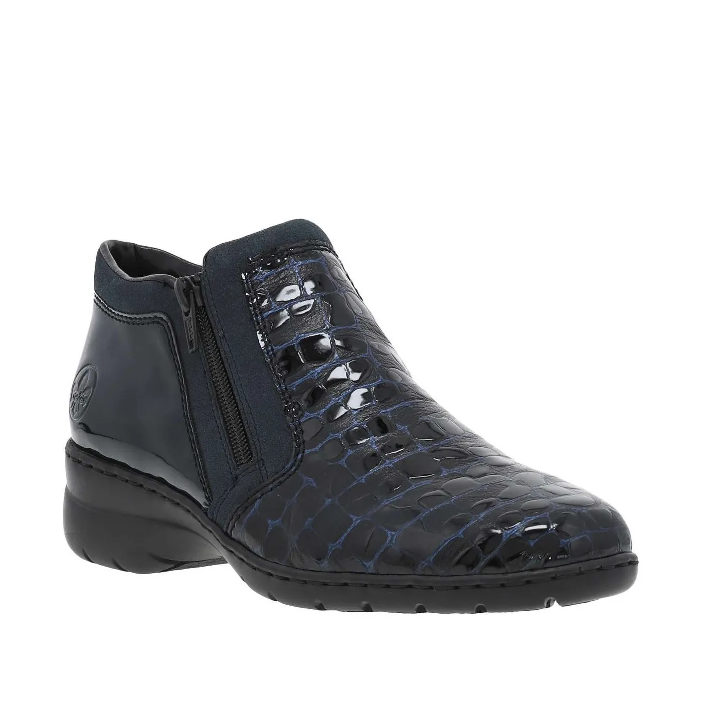 Boots bleu marine vernies avec effet croco à talon décroché bas et double zips
