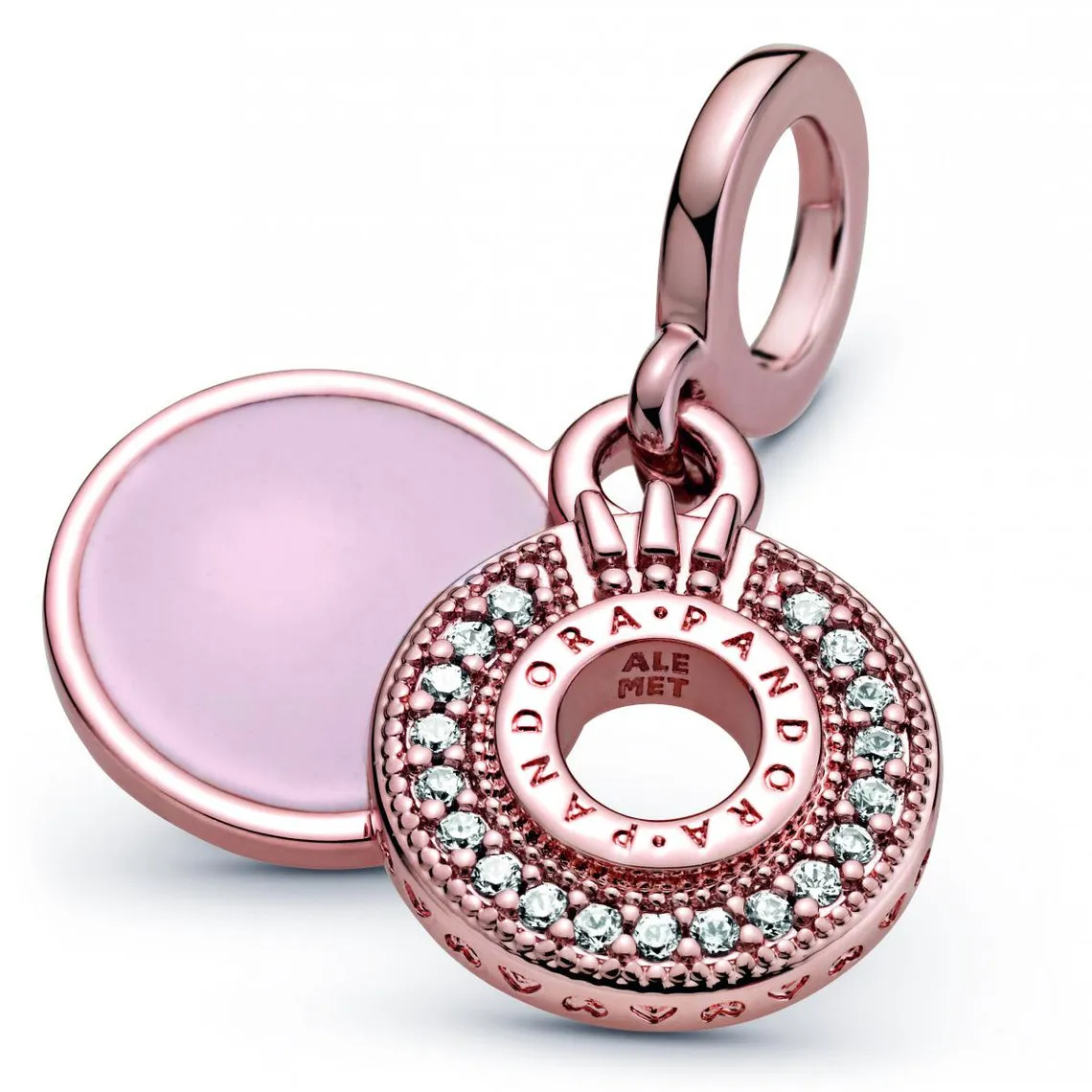 Charm Double Pendant O Couronné Pavé Signature Pandora - Métal Doré à l'or Rose fin 585/1000 