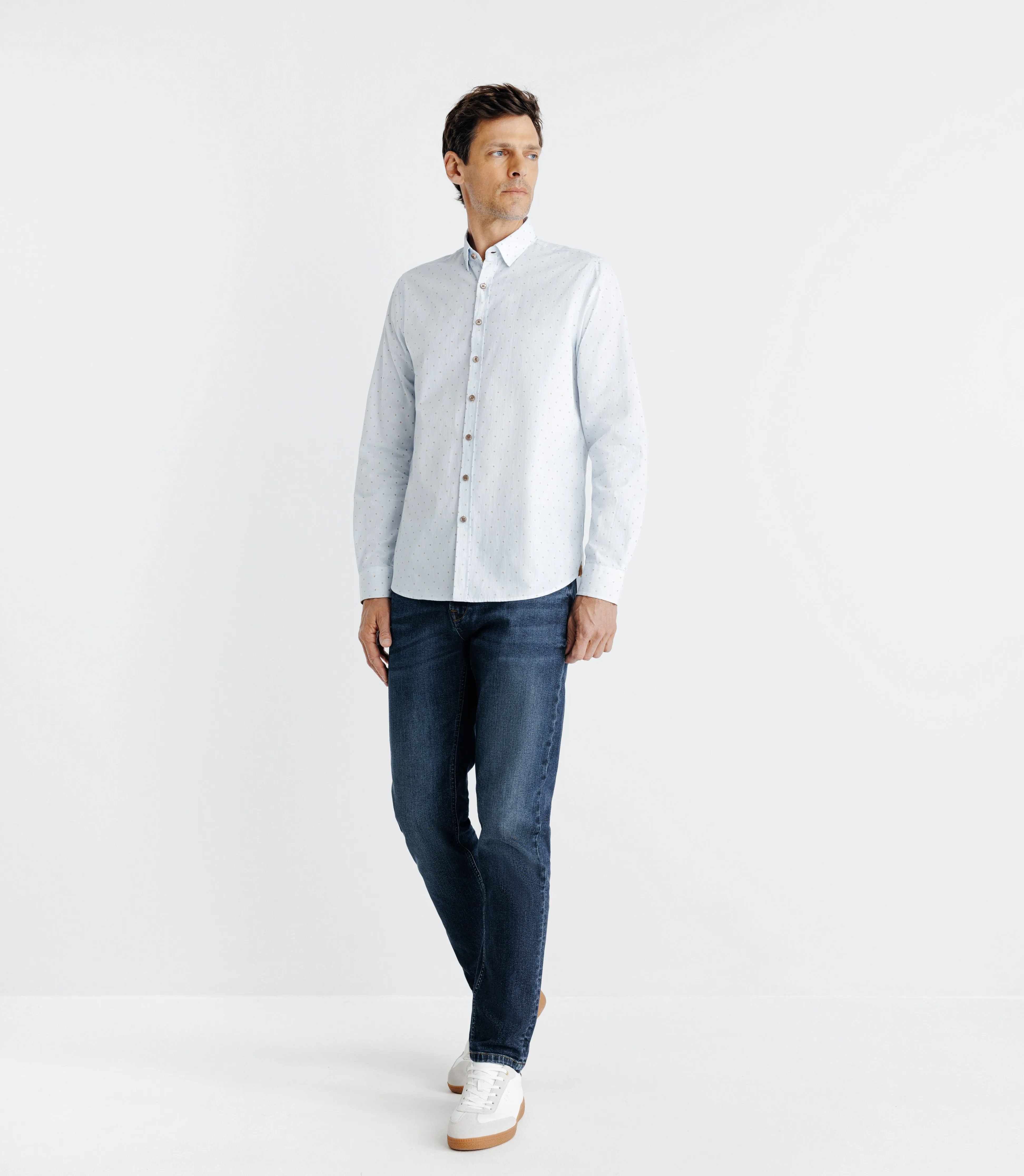 Chemise droite imprimée à coudières blanche et camel