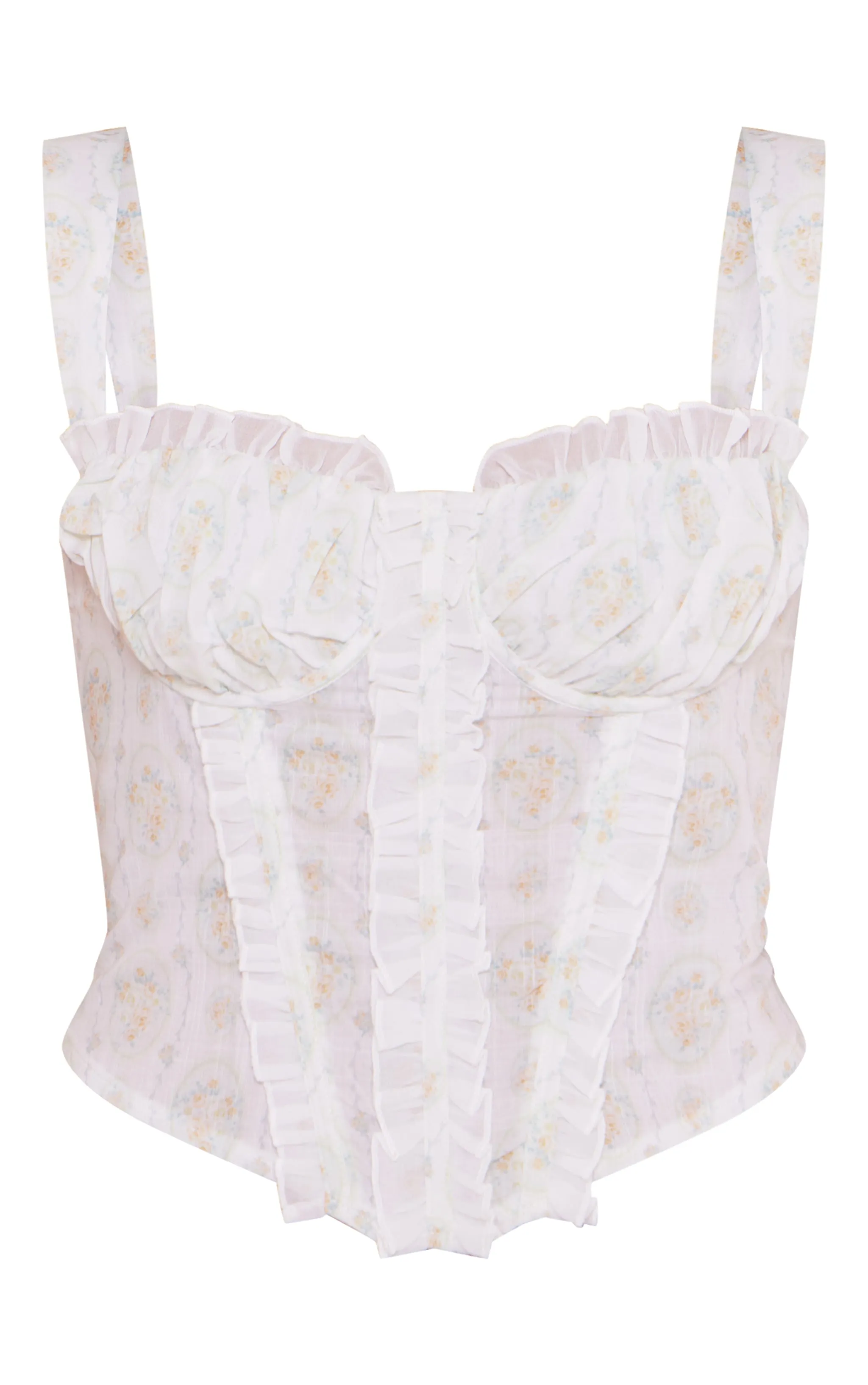 Corset blanc fleuri à ourlet tombant et volants
