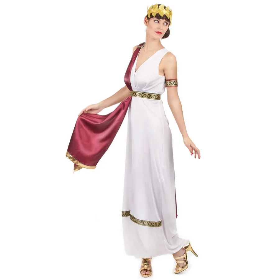 Elegante tenue de femme grecque avec toge rouge