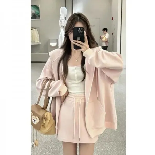 Ensemble 2 pièces pour femme, sweat-shirt décontracté et jupe trempée - Rose