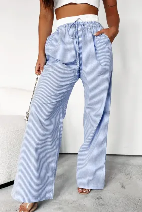 Pantalon taille haute élastique à rayures bleu ciel, jambe large boutonnée à lacets