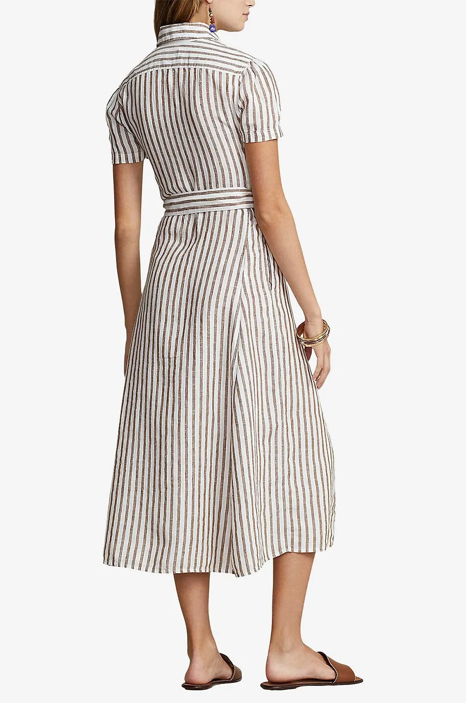 Robe chemise midi rayée en lin