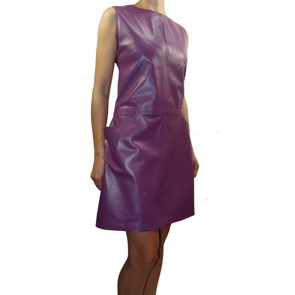 Robe cuir mi longue en agneau couleur violet modèle Orila