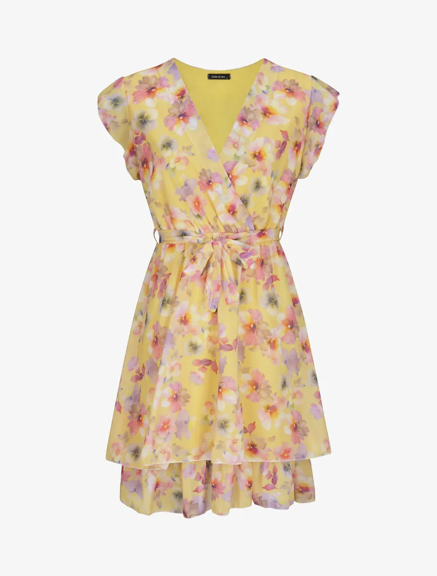 Robe en voile à imprimé fleurs d'été - Jaune