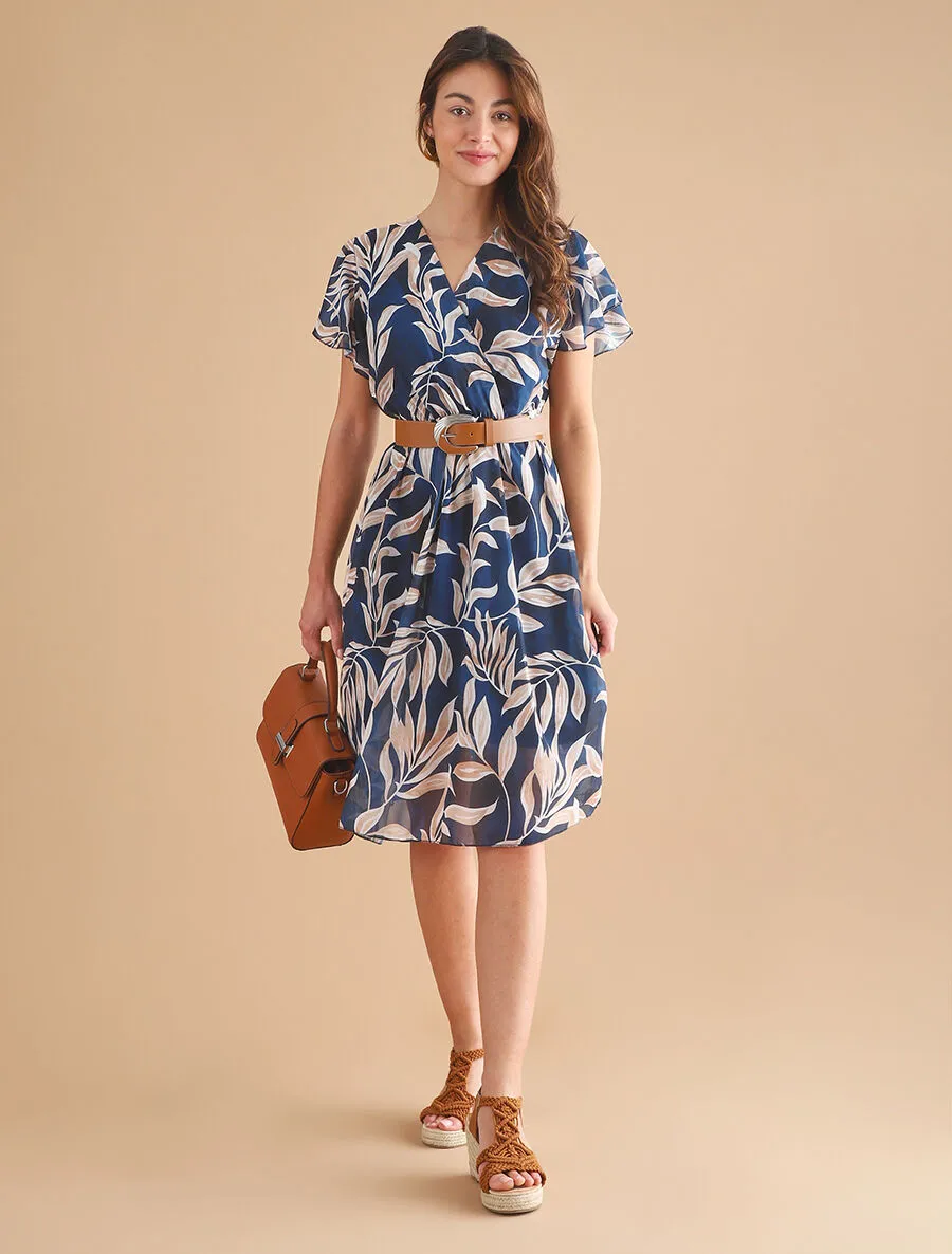 Robe longue élastiquée imprimé feuilles - Marine