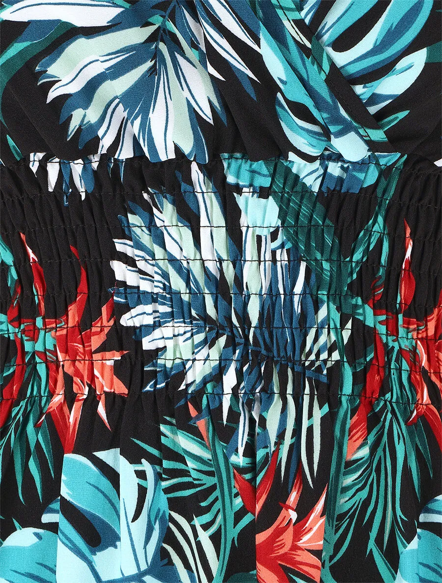 Robe longue élastiquée imprimé tropical - Bleu