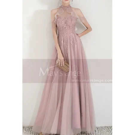 Robe Pour La soirée Longue Rose Col Licou A Volants
