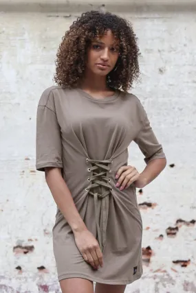 Robe t-shirt laçage avant taupe