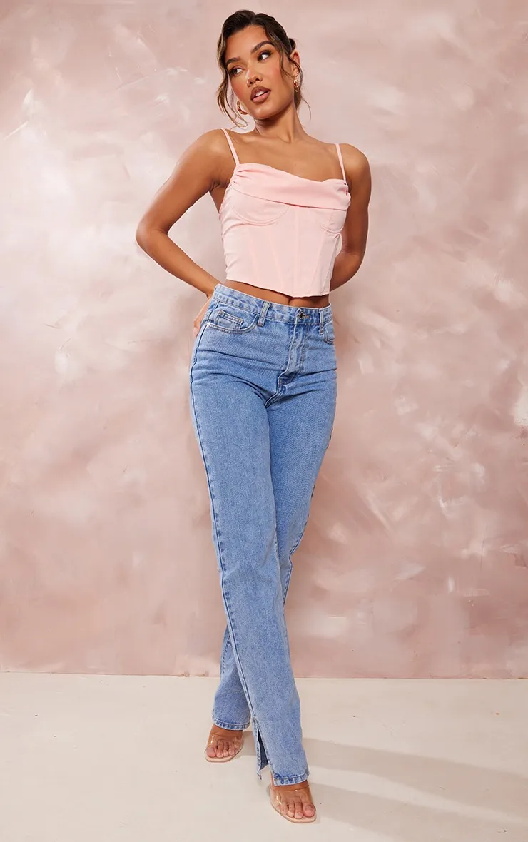 Top corset tissé rose tendre à col bénitier et bretelles détail ourlet pointu