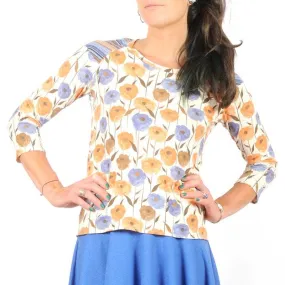 Top femme beige, bleu, orange, jersey fleurs et rayures
