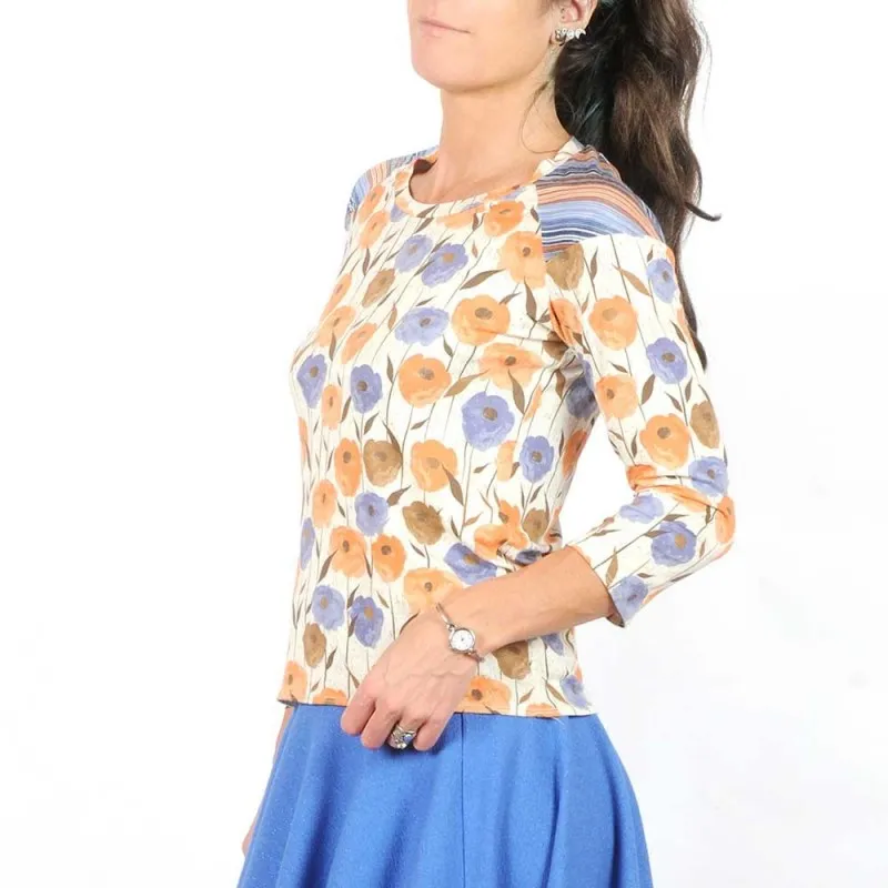 Top femme beige, bleu, orange, jersey fleurs et rayures